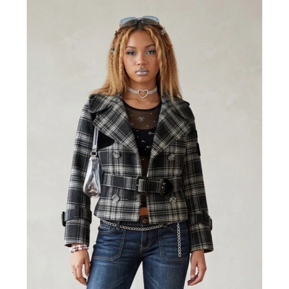 Vtg Y2K Juicy Couture Cropped Peacoat Jacket sz 2 Black Plaid Wool Belted NWOT